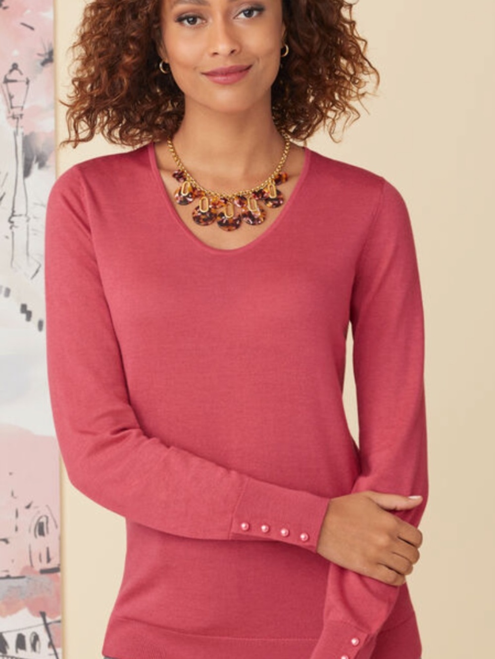 TALBOTS Coral Pink Merino Wool Sweater, XL - Faux Pearl Cuff, Chic! - Picture 5 of 5
